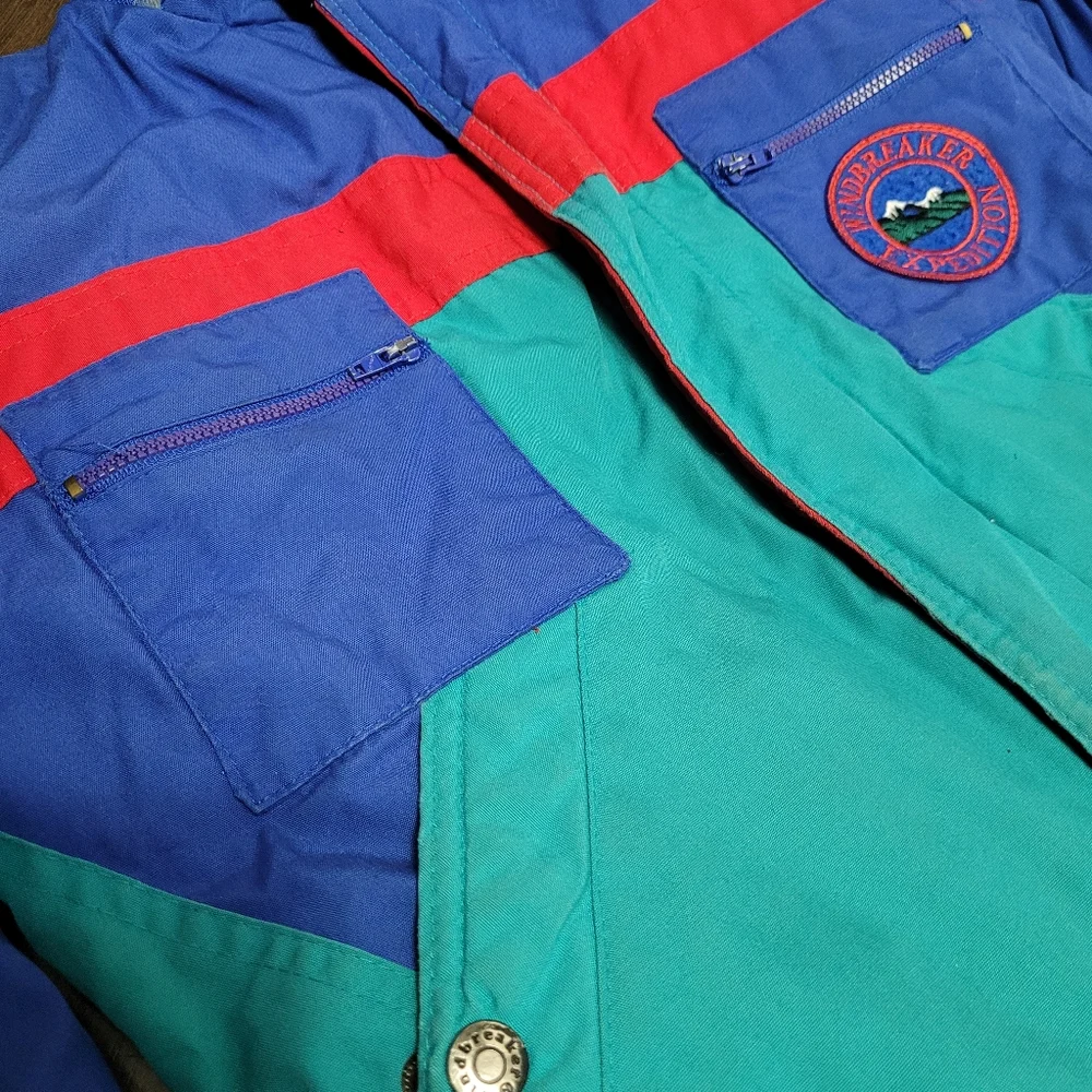 Vintage 1990s Windbreaker for Boys colorblock teal, blue, red winter coat